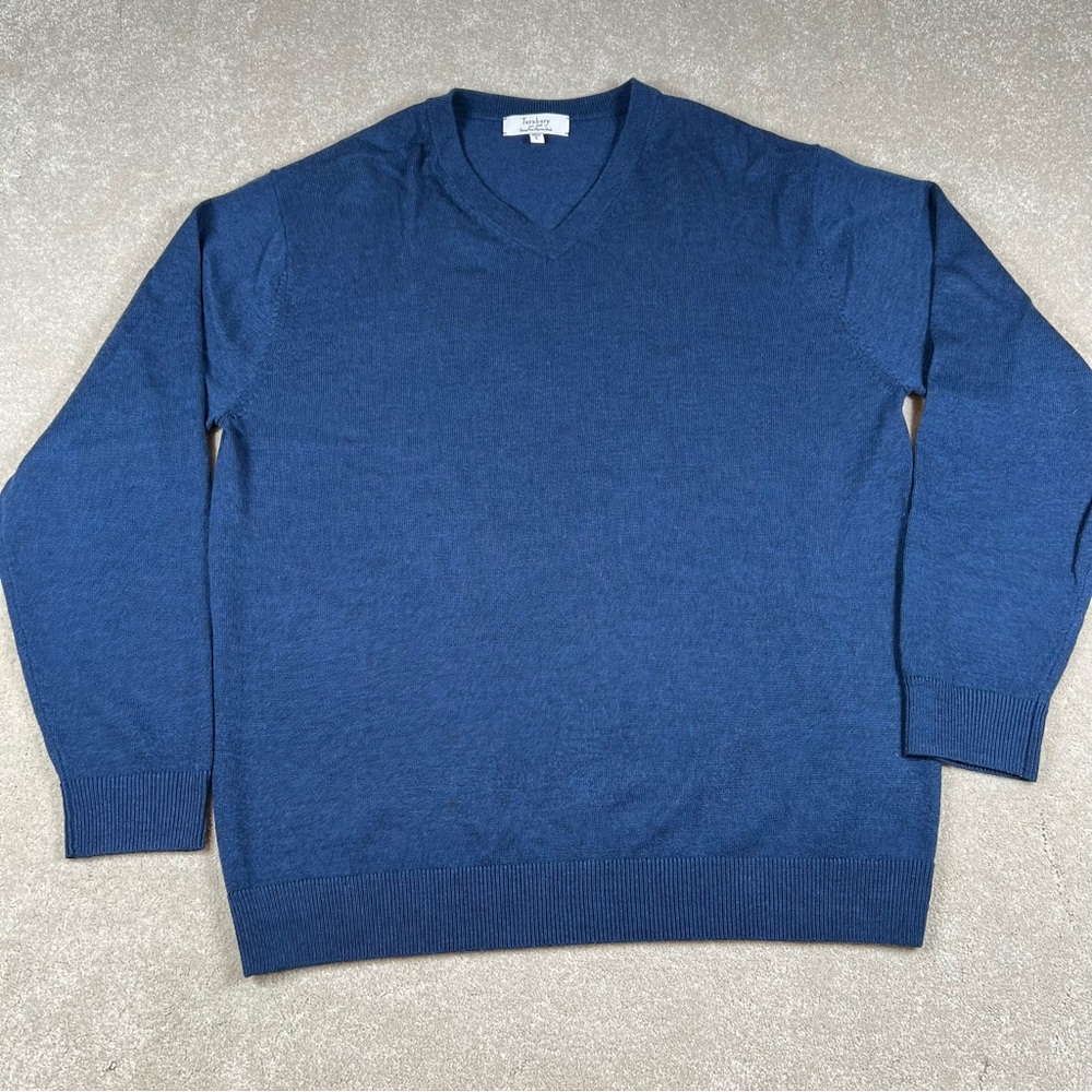 Merino Wool Sweater‎ Turnbury V Neck Blue Men's Large Lightweight